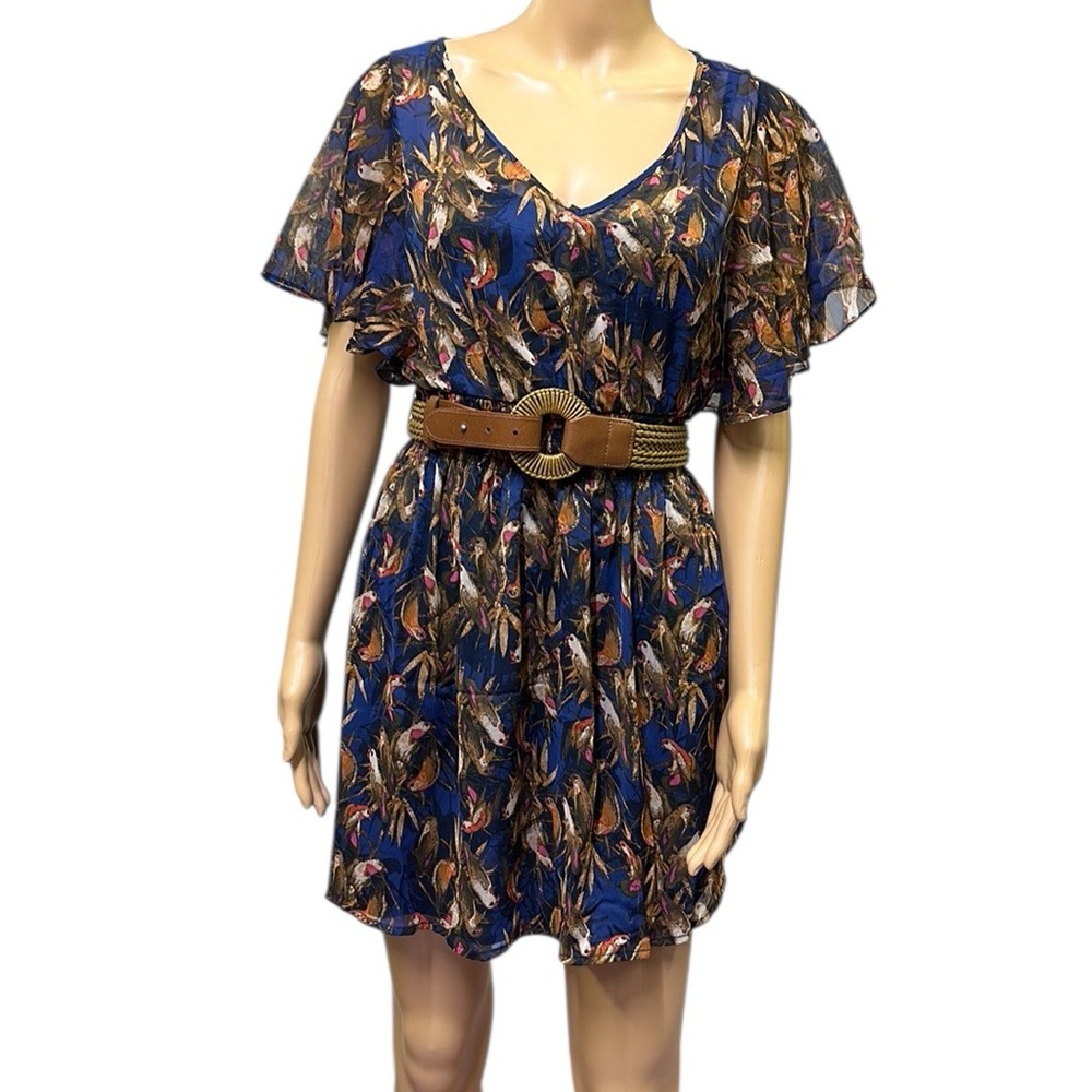 Charlotte Russe Blue Tan Pink Bird Print Belted V Neck Mini Dress Juniors Small